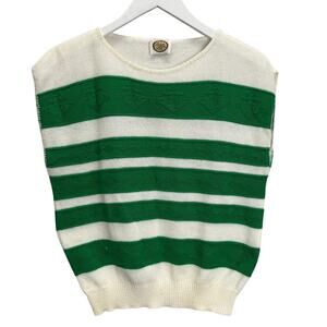 Vintage Picket and Post Striped Cap Sleeve Sweater Size M White Green Anchors